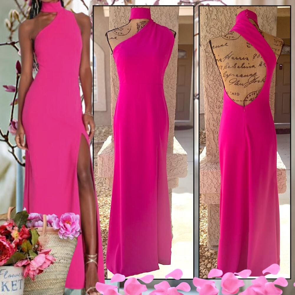 Lulus Hot Pink Asymmetrical Cutout Halter Keep It Interesting Maxi Dress Size M